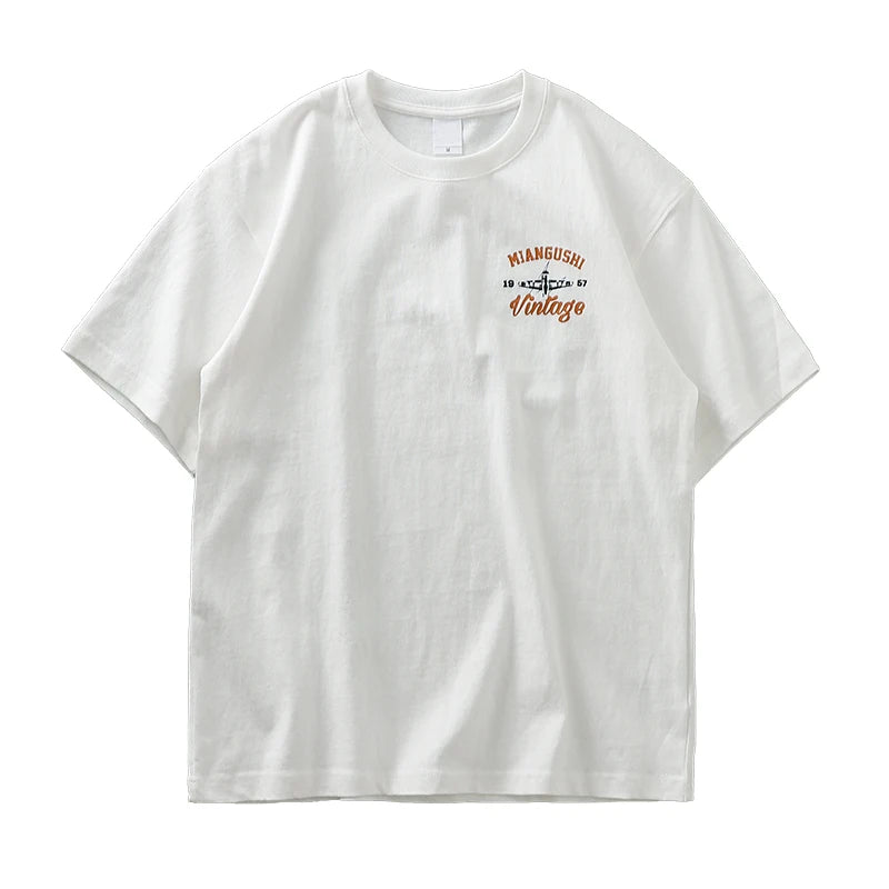Dukeen 320g Heavyweight Short Sleeved T Shirt Men Summer Vintage Aeroplane Printing 100% Cotton Casual Tops Unisex
