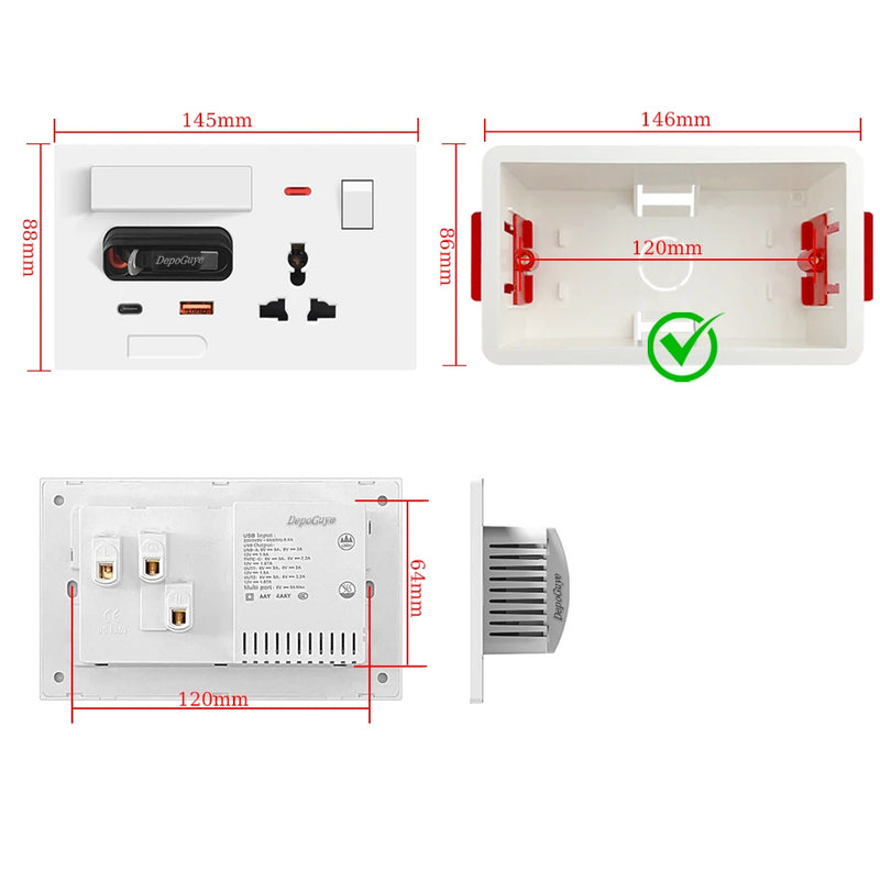 UK 13A Wall Socket With 20W USB Type-C Fast Charging Plug Outlet Universal Smart Wall Adapter With Expandable Charging Cable