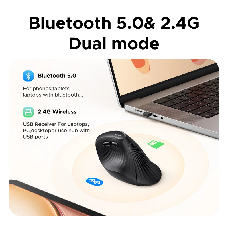 UGREEN Vertical Mouse Ergonomic Wireless Bluetooth5.0 2.4G  4000DPI Small Hand Size  for MacBook Tablet Laptops Computer