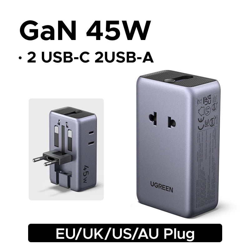 UGREEN GaN 45W Universal Travel Adapter Worldwide With 2 Type-C 2 USB Ports Outlet Fast Charging Socket Adapter EU/US/UK/AU Plug