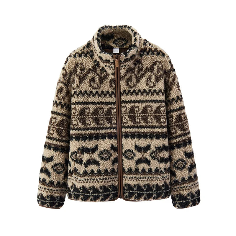 Semir Jacket Women Winter Faux Lamb Wool Fleece Stand Collar Loose Patterned 2025 New Fashion Retro Jacket Women'S Wear
