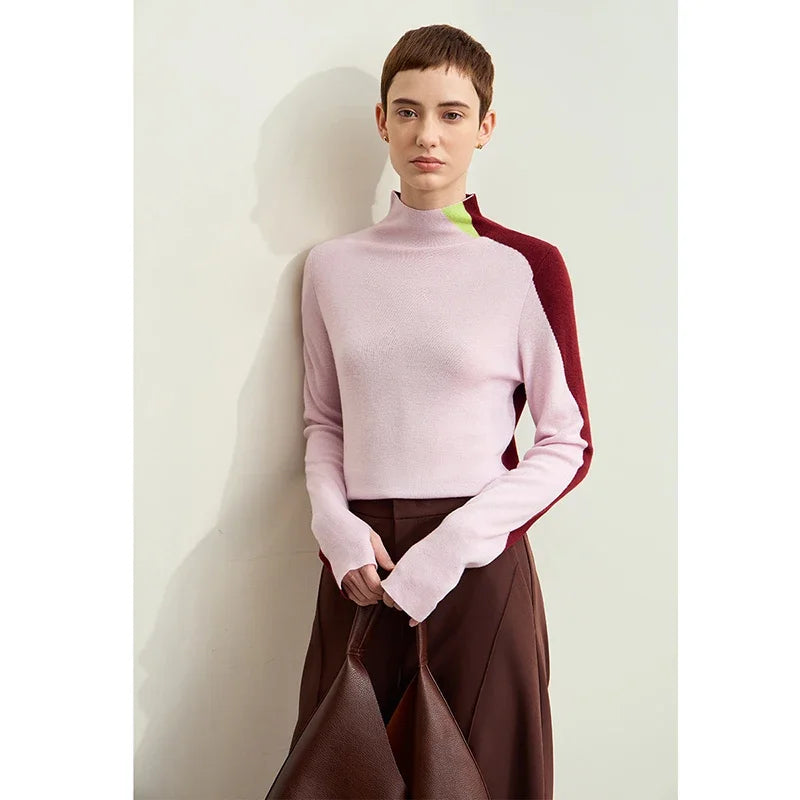 Amii Minimalism Women's Sweater 2026 Autumn New Basic Mock Neck Sweater for Woman Patchwork Slim Long Sleeve Tops Ladies12443133