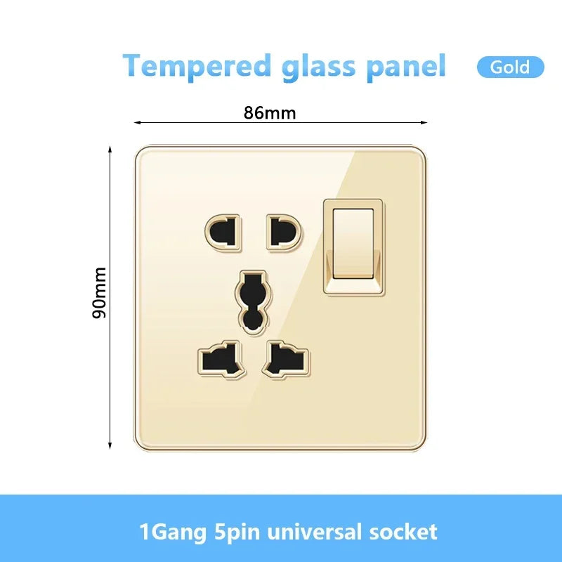 Gold UK 13A Tempered Glass USB Socket Plug,18W Type-C Fast charging Universal 3pin Dual Power Outlet,Wall 2way Light Switch