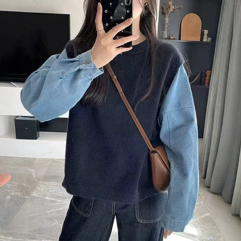 Autumn Winter New Lazy Sweater Knitted Denim Sleeve Splicing Fake Two-piece Women's Top Trendy Pullover Knitwear Clothes