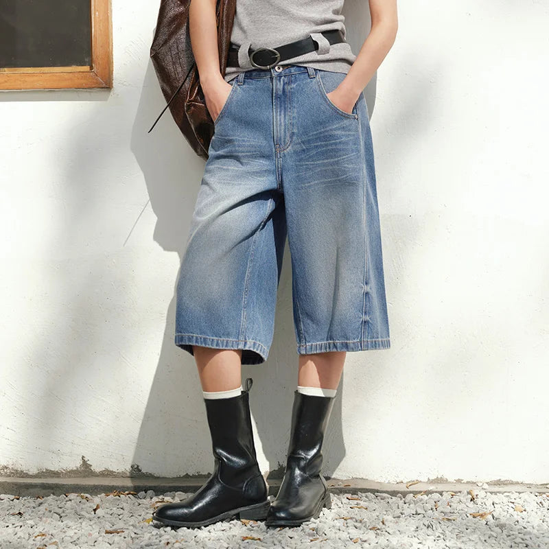 Semir Women Pants Denim Slit Vintage Distressed Loose Fit Knee Length Fashion Top 2026 Summer Wear
