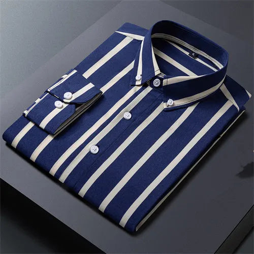 Black Striped Long Sleeve Shirt, Men's Single Breasted Shirts, with Square Collar Yellow Brown Camisas Para Hombre M-5XL