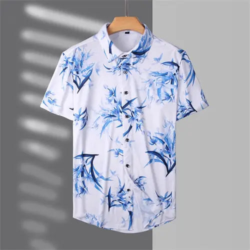 2026 Summer Men's White Short-Sleeved Printed Shirt, Blue Single-Breasted Lapel Shirts, Asian Sizes M-7XL.