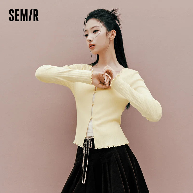 Semir Women Tshirt Long Sleeve Short Cotton Slim Ruffle Lace Trim U Neck Soft Casual Autumn Top Daily Wear 2026