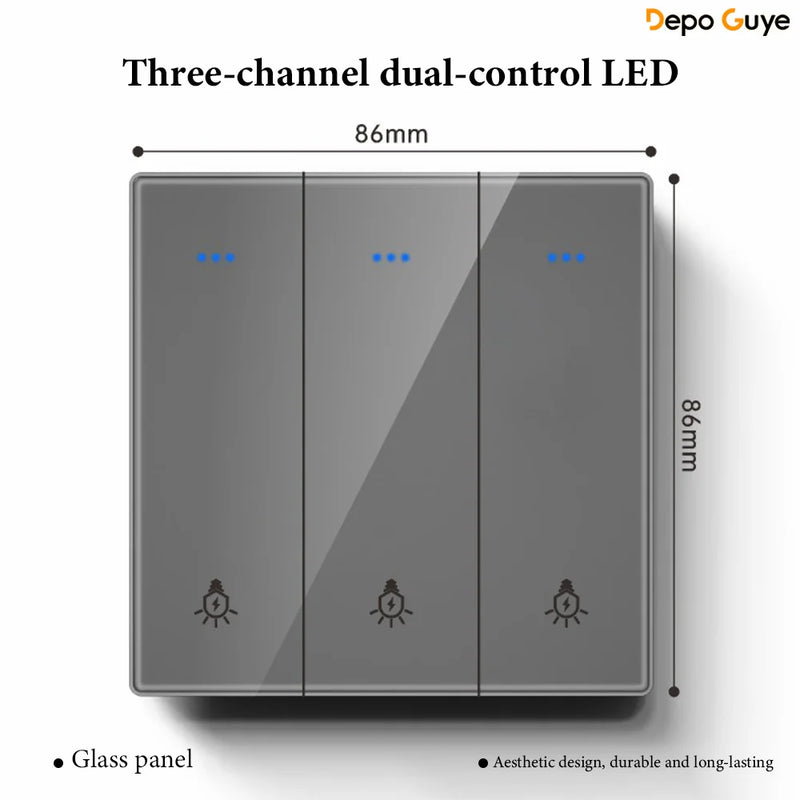 Grey Tempered Glass UK Standard 13A Wall Switch Socket with LED USB Type-C TV CAT6 Data Outlet British Electrical Wall Panel