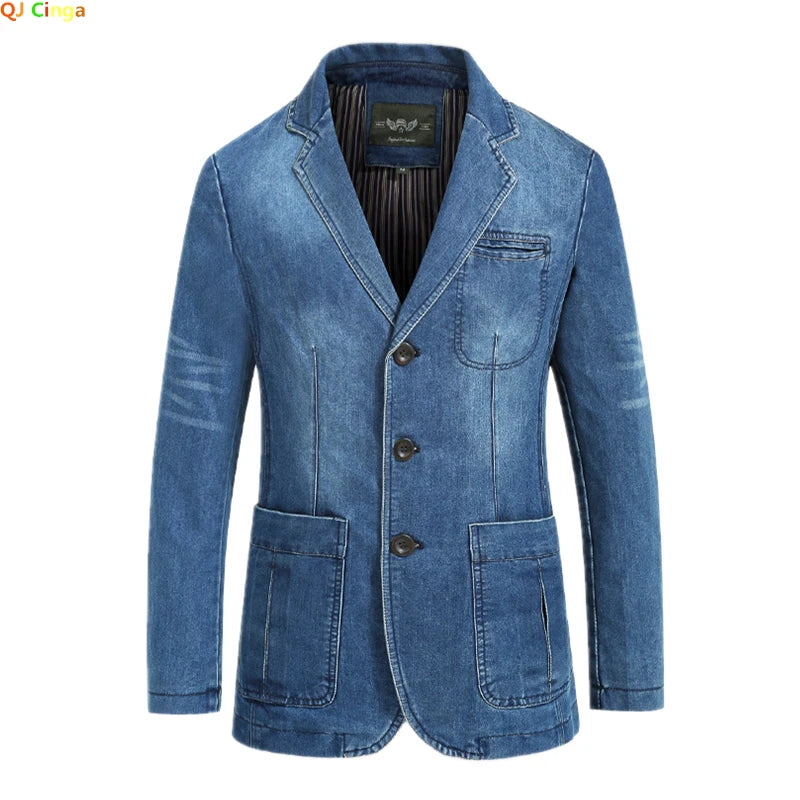 2026 New Men's Blue Denim Suit Jacket, Single-breasted V-neck Casual Coats, Black Gray Blazers S-XXXXL