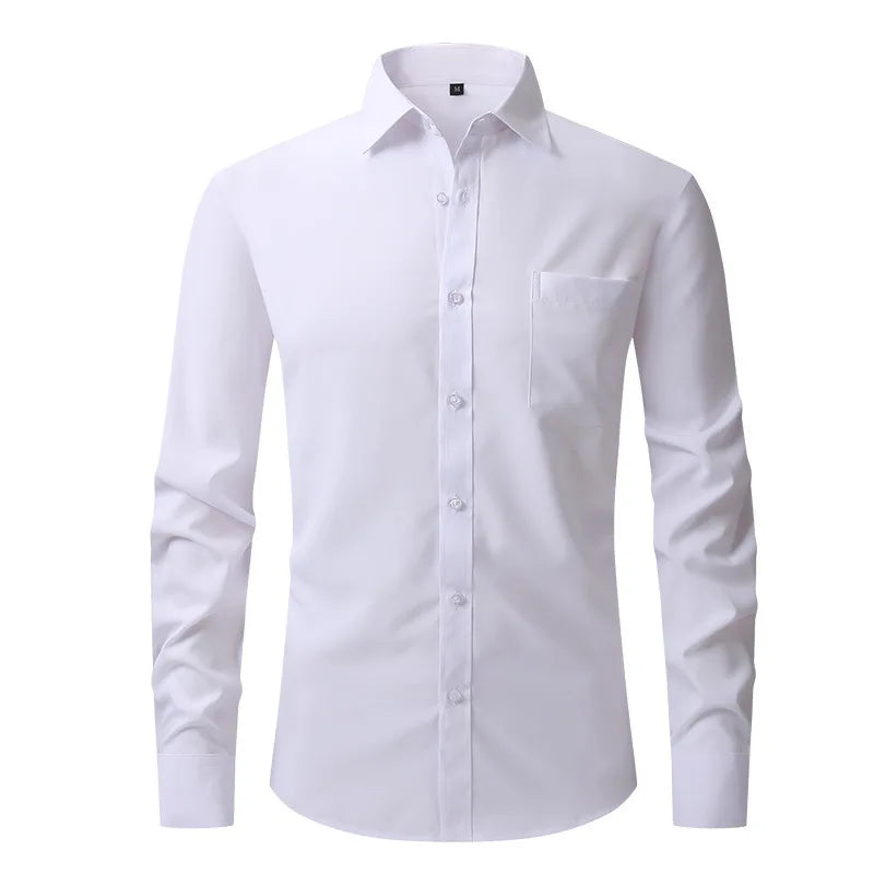 Solid Color Men's Long-sleeved Shirt, Single-breasted Square Collar Small Elastic Shirts, Suitable for Wedding/Business/Office