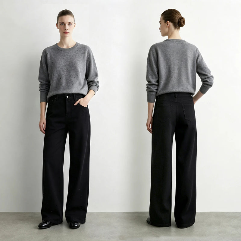Amii Women Wide Leg Jeans Cotton Rhinestone Long Pants Slimming Loose Fit Trousers Casual Versatile 2026 Autumn Bottoms 12613027