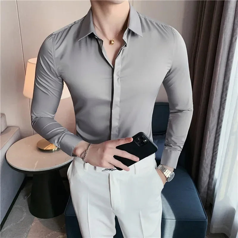 New Men's Shirt Luxury Repair Ball Gown Slim Solid Color Long Sleeve Shirt Streetwear