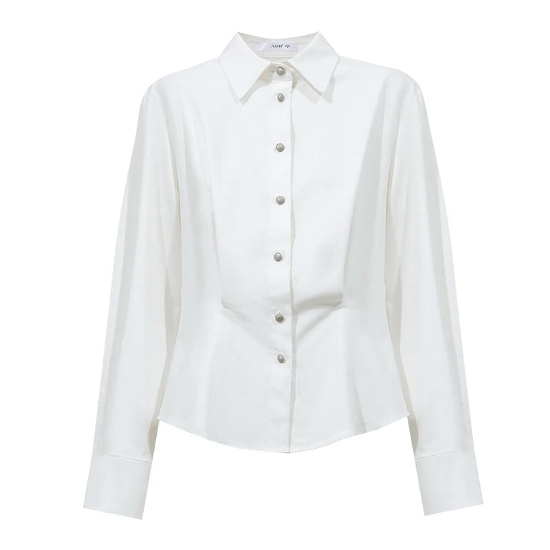 Amii Women's Shirt 2026 Autumn New Lapel Collar Fitted Waist Long Sleeve Blouse Vintage Metal Button Casual Top Women 12623031