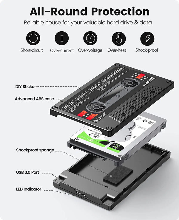 ORICO 2.5'' HDD Enclosure SATA to USB3.0 External Hard Drive Case 5Gbps / 6Gbps Type-C HDD Case With DIY Sticker