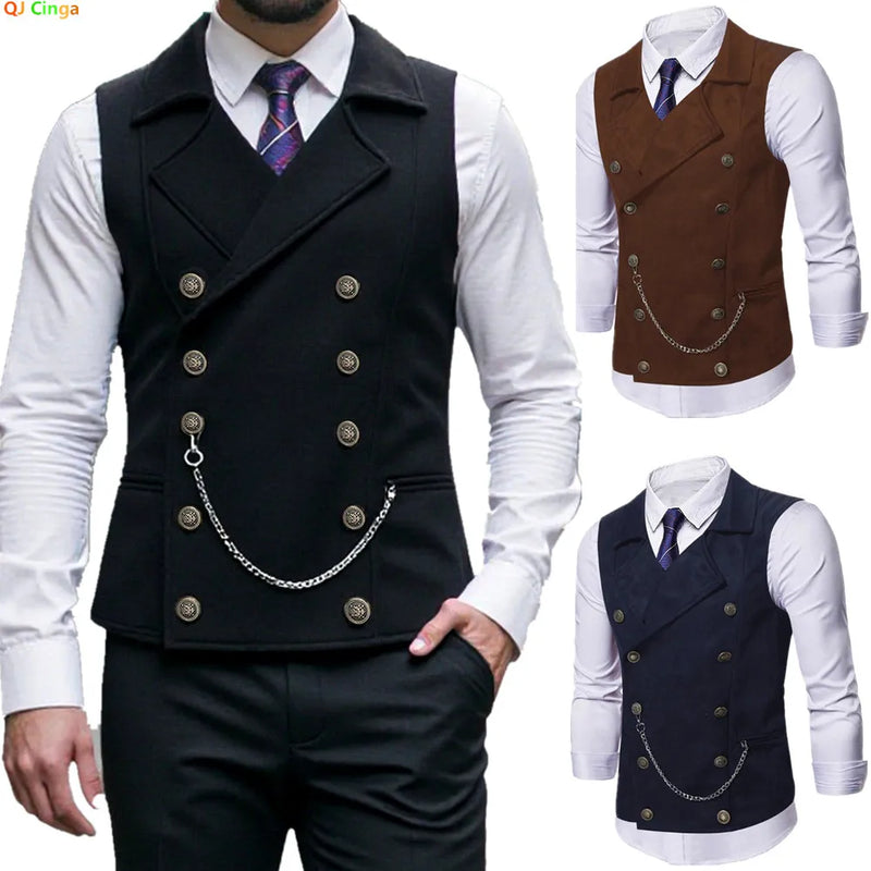 2026 Black Double-breasted Men's Suit Vests, Brown V-neck Sleeveless Vest Jacket, Dark Blue Business Casual Waistcoat.