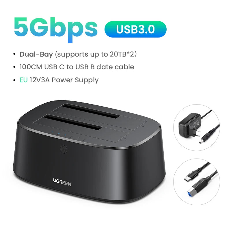 UGREEN 5Gbps HDD Docking Station Dual-Bay EU Power SATA to USB 3.0 Adapter for 2.5 3.5 SSD Disk Case Hard Drive Enclosure
