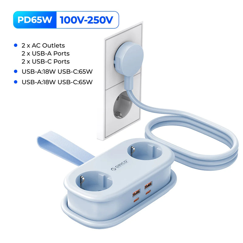 ORICO Cable-Wrap Portable Travel Power Strip 65W GaN Fast Charging Station with 2 AC Outlets 2 USB 2 Type-C EU Plug Adapter Home