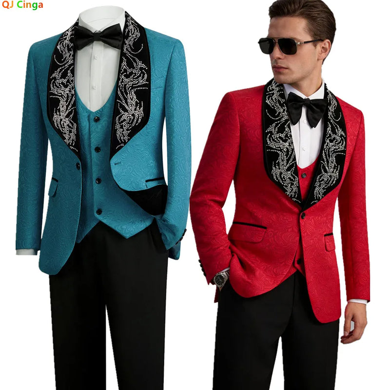 Red Men's Three-piece Suit Set Featuring A Jacquard Jacket and Vest Paired with Pants. Blue, Green, Purple, Pink, and White.