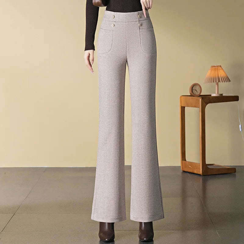 New Winter Women's Slightly Flared Pants,Elastic Waist Herringbone High Waisted Trousers,Beige,Coffee,Gray Available, Asian Size