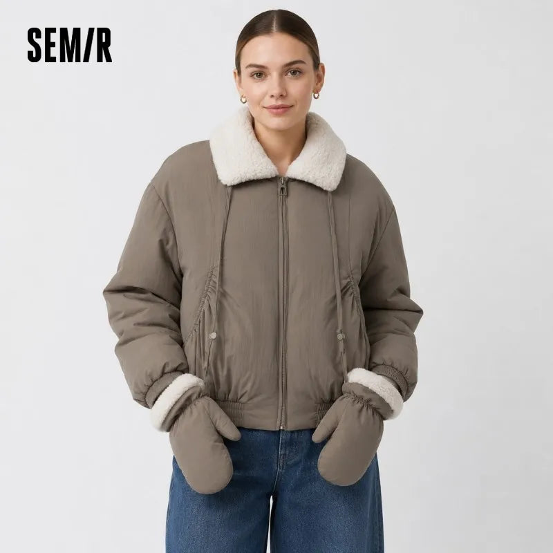 Semir Cotton Coat Women Winter Fleece Lapel Glove Loose Paneled Textured 2025 New Fashion Retro Casual Cotton Jacket