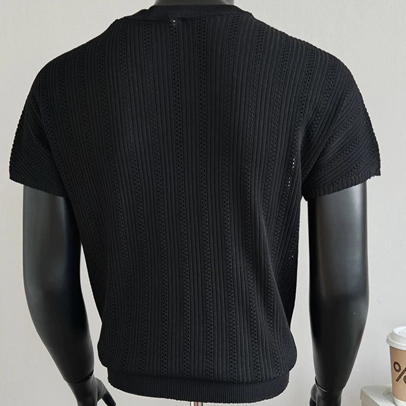 Old Money Style Men's T-Shirt, See-Through Raglan Sleeves & Round Neck, Ice Silk Knit for Cool Feeling