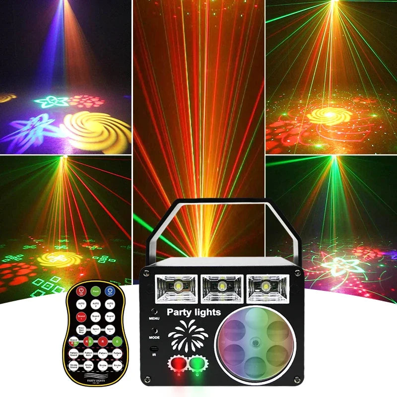 LED DJ Laser Projector Stage Disco Lights Rotating Ball Strobe Remote Sound Control Party Light for Christmas Wedding Holiday