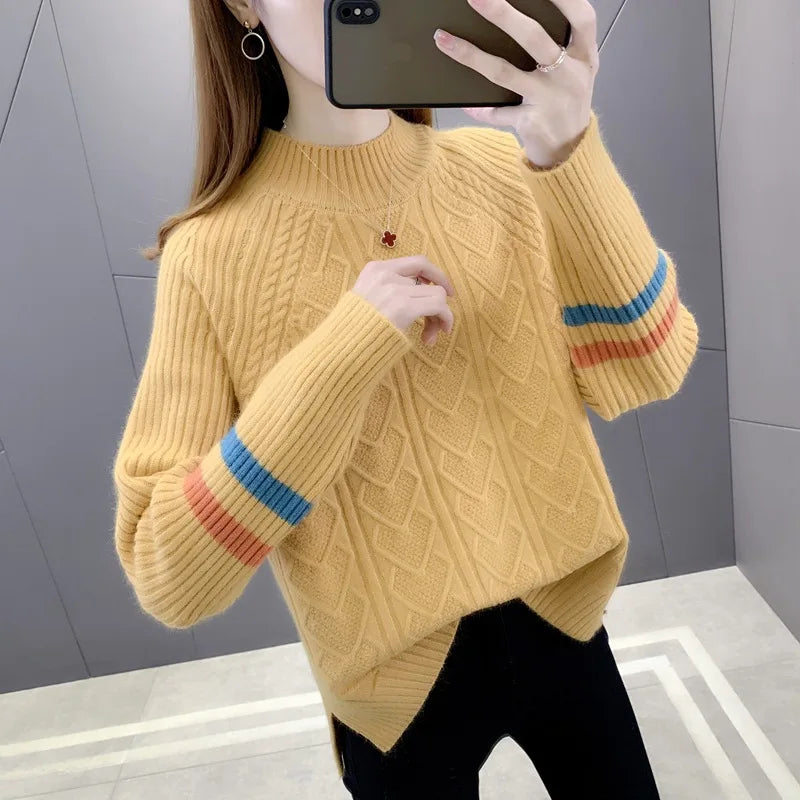 Casual Thicken Warm Pull Femme Knitwears Sueter Half High Collar Knitting Sweater For Women Autumn Winter Base Pullovers Tops