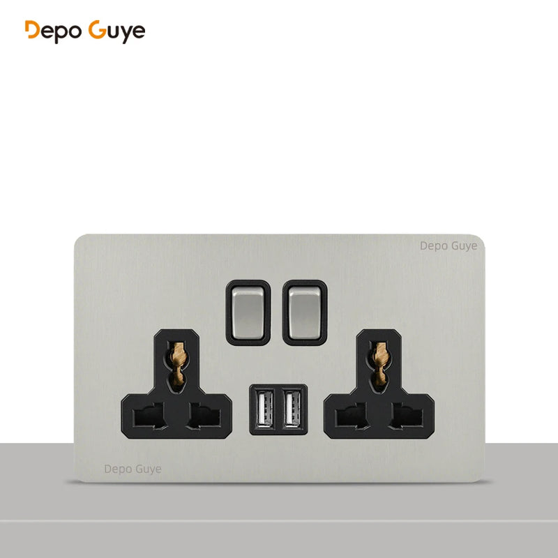 146 Type Retro Metal Panel UK 13A Wall Socket,Bronzed Stainless Steel Power Universal 3-pin Dual Power Socket With USB C charge