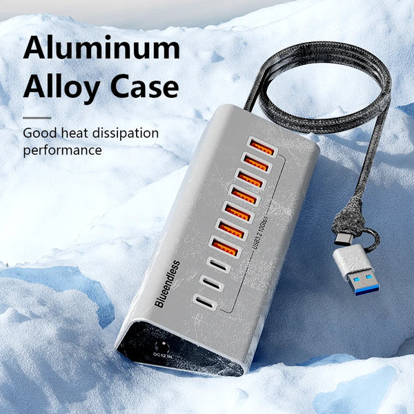 ប៊្លូអែនលីស អាលុយមីញ៉ូម USB3.2 ជំនាន់ទី 2 10Gbps 7 ច្រក 10 ច្រក USB-C Hub 7 ក្នុង 1 10 ក្នុង 1 USB-A Splitter Adapter សម្រាប់កុំព្យូទ័រយួរដៃ macbook