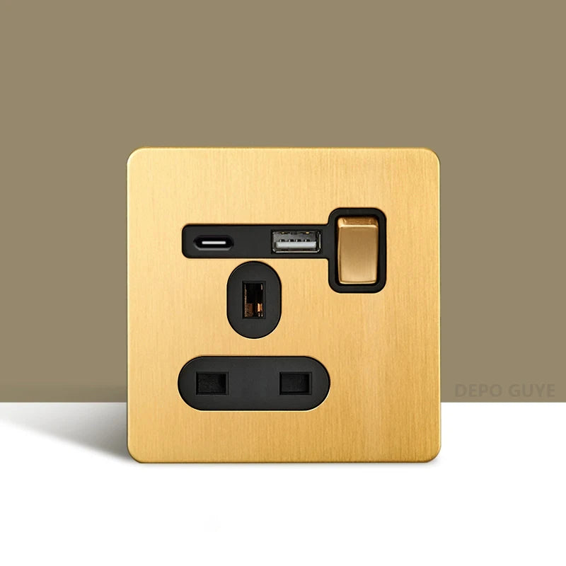 Retro Wall Light Toggle Switch Dual EU FR Socket Gold Stainless Steel Brushed Panel  Vintage Brass Lever For Home Improvement