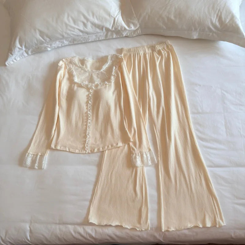 Autumn Sleepwear Woman Nightwear Chest Pads Two Piece Pajamas Set Lady Long-sleeved Trousers Home Clothes Pijama Soft Loungewear
