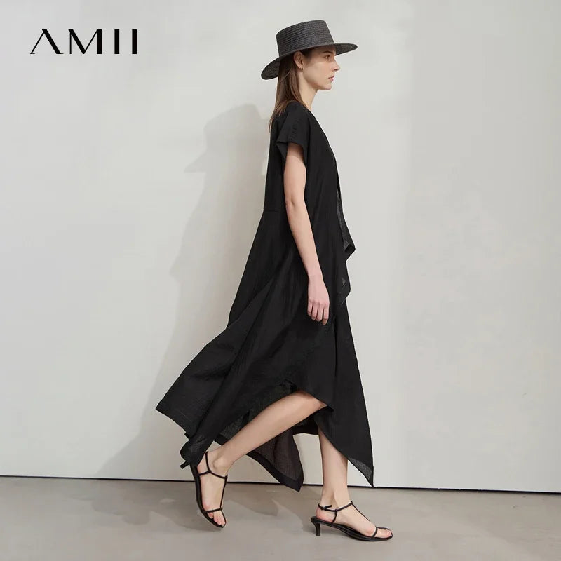 Amii Minimalist Women's Short Sleeved Dress 2026 Summer New Solid Irregular Loose Elegant H Shaped Commute Long Dress 12541134