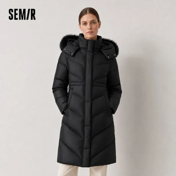 Semir Down Jacket Women Long Length Detachable Fox Fur Collar Hooded 2024 New Winter Waterproof Thermal Goose Down Down Jacket