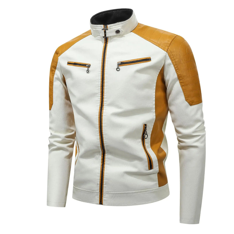 Men's Long Sleeve Artificial Leather Jacket Autumn New Style Two-color Splicing Decorative PU Coat Red Blue Green Brown Black Op