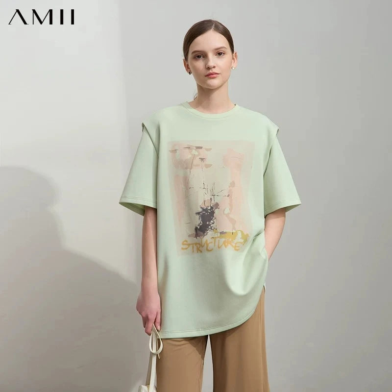 អាវយឺត AMII Minimalist សម្រាប់នារី រដូវស្លឹកឈើជ្រុះ ឆ្នាំ២០២៦ ថ្មី កអាវធម្មតា បោះពុម្ពសិល្បៈ ស្មាធំទូលាយ រលុង ដៃខ្លី ប្រវែងមធ្យម 12521003