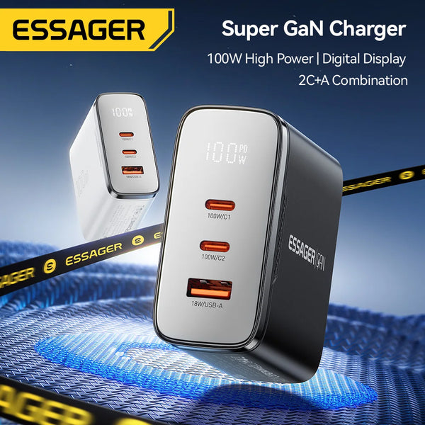 ឆ្នាំងសាក Essager 100W GaN USB Type C ឆ្នាំងសាកឌីជីថល PD QC ឆ្នាំងសាក USB ចល័តសម្រាប់ iPhone 17 16 15 Xiaomi Macbook Laptop