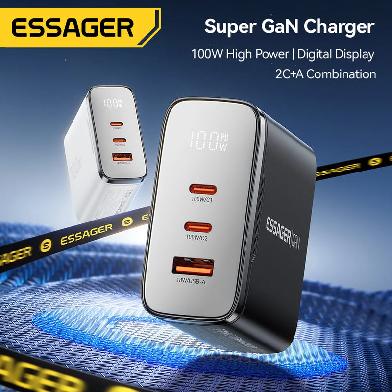 ឆ្នាំងសាក Essager 100W GaN USB Type C ឆ្នាំងសាកឌីជីថល PD QC ឆ្នាំងសាក USB ចល័តសម្រាប់ iPhone 17 16 15 Xiaomi Macbook Laptop