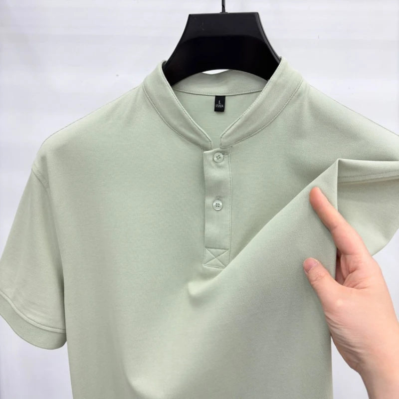 Men Summer Short Sleeve T-Shirt Little Stand Collar Solid Color Casual Loose Tee with Side Split Hem