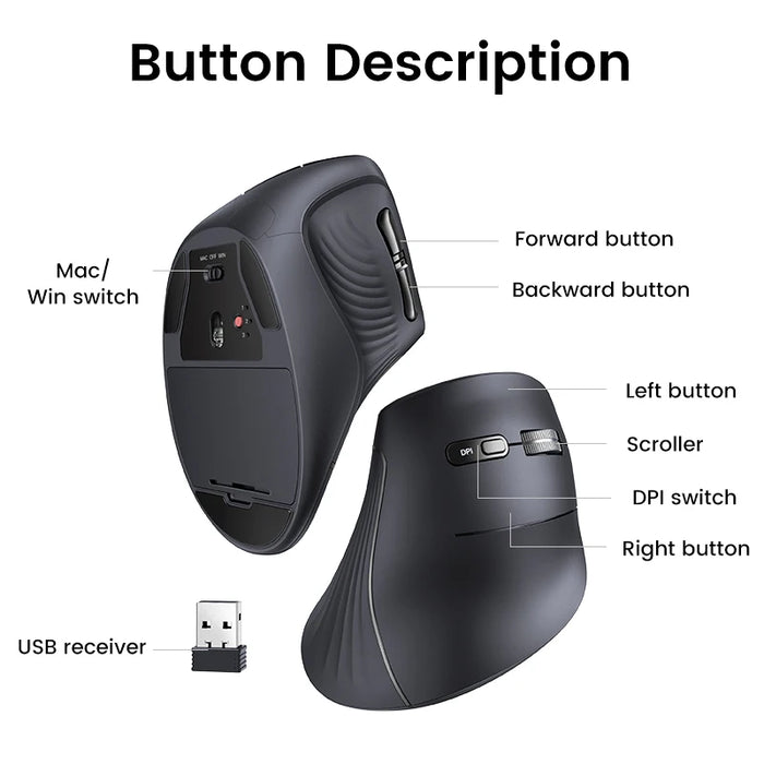 UGREEN Vertical Mouse Wireless Bluetooth5.0 2.4G Ergonomic 4000DPI 6 Mute Buttons for MacBook Tablet Laptops Computer PC Mice