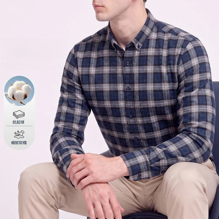 Men's 100% Cotton Brushed Plaid Long Sleeve Shirt – Soft Flannel Casual Button-Down for Outdoor & Daily Wear