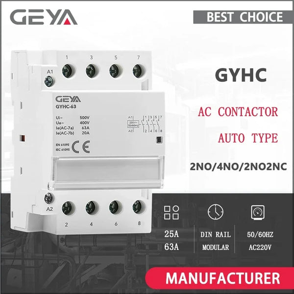 កុងតាក់ GEYA ម៉ូឌុល AC កុងតាក់ 2P 4P 25A 63A 2NO ឬ 4NO ឬ 2NC2NO 220V/230V 50/60HZ កុងតាក់រថភ្លើង Din ប្រភេទស្វ័យប្រវត្តិសម្រាប់ប្រើប្រាស់ក្នុងផ្ទះ