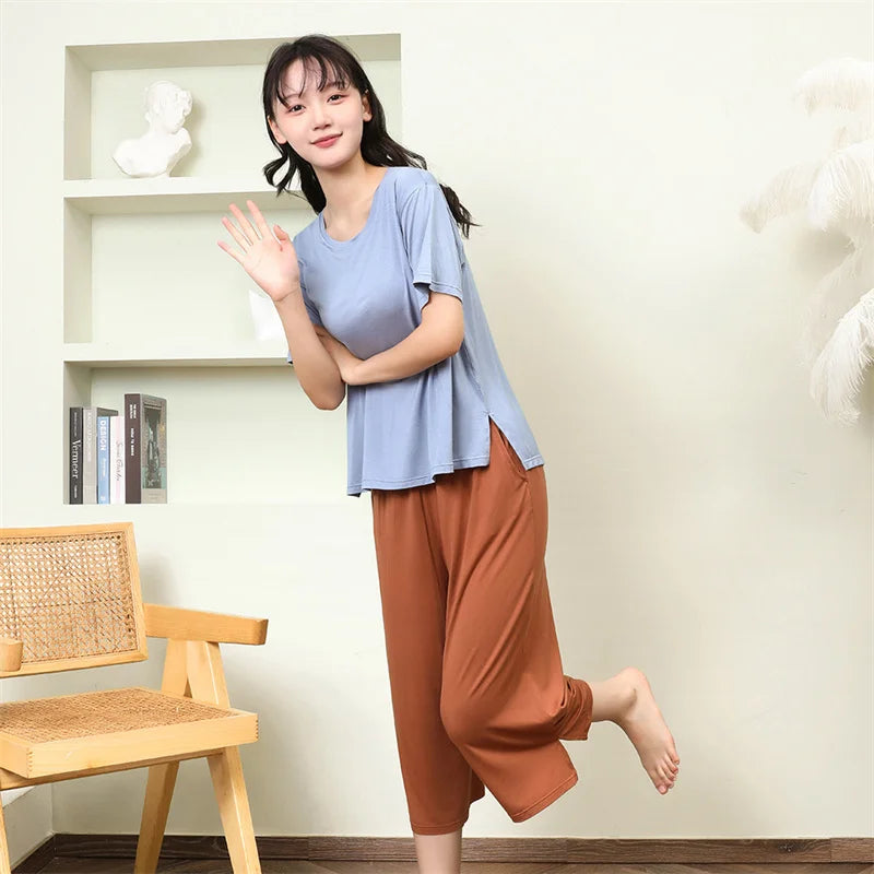 Korean Summer Pajamas Women Sleepwear Pijama Suit Patchwork Color Home Clothes Chest Pad Short Sleeve Nightwear Two Piece Set