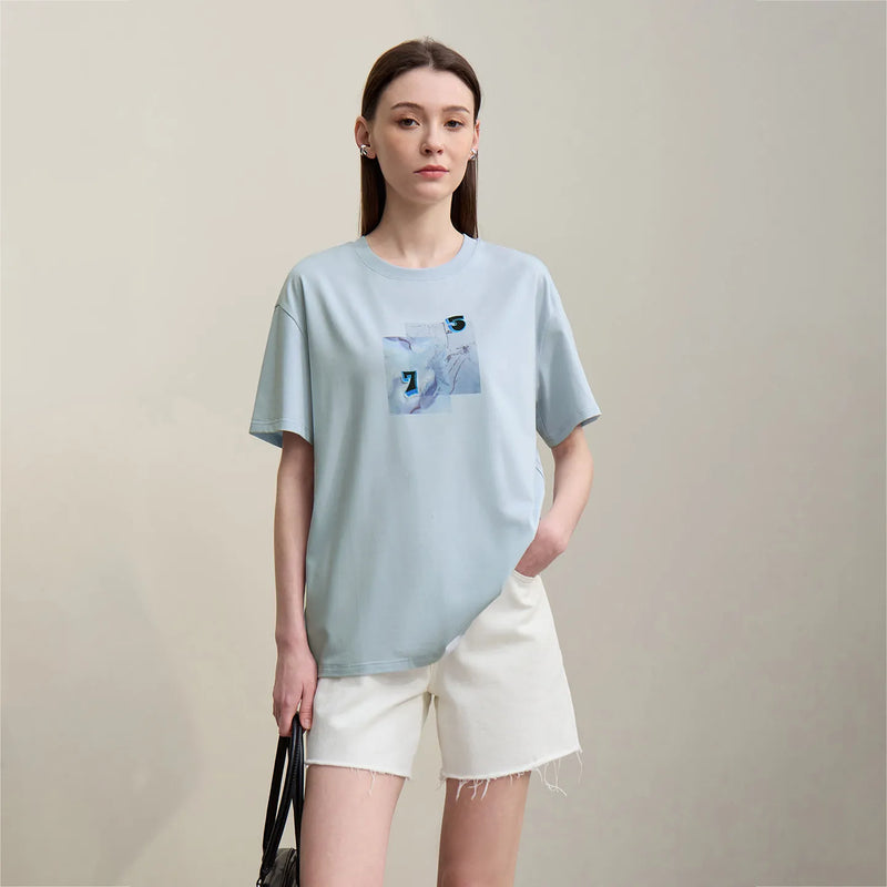 Amii Women's Tee Shirt 2026 Summer New Round Neck Drop Shoulder Short Sleeve Cotton Tee Embroidered Loose Top Women 12642114