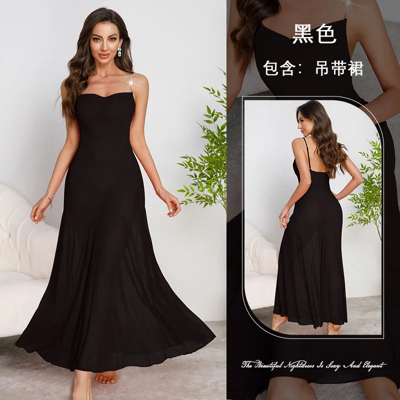 Strap Suspender Long Dress Swing Sexy Mesh Nightdress Night Wear Sleepwear Women Nightgowns Vestidos De Noche