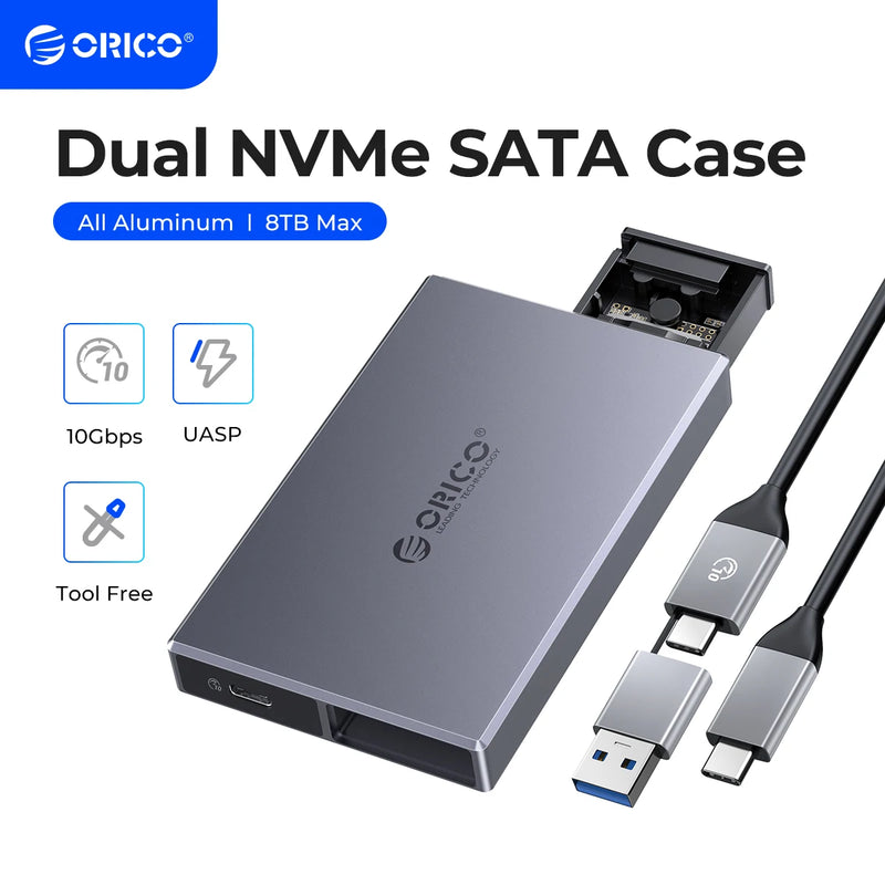 ORICO Aluminum Alloy Dual Bay Dual NVMe M2 SSD Case Support M.2 NVMe SSD Disk For M Key B&M Key SSD Tool Free Enclosure