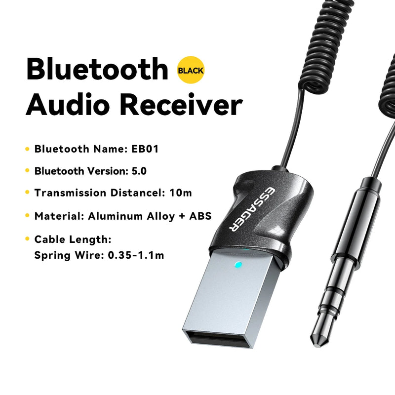 ឧបករណ៍ភ្ជាប់ Bluetooth 5.0 របស់ Essager សម្រាប់ភ្ជាប់ឧបករណ៍បំពងសម្លេងឥតខ្សែក្នុងរថយន្ត ដែលអាចភ្ជាប់ទៅឧបករណ៍បំពងសម្លេងក្នុងរថយន្តបានតាមរយៈ USB ទៅរន្ធដោត 3.5mm។