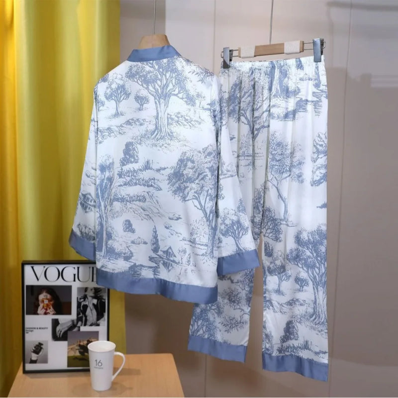 Ice Silk Floral 2PCS Pajamas Set Women Sleepwear Spring Autumn Homewear Pijamas Suit Long Sleeve Lounge Wear Ladies Pj Sets