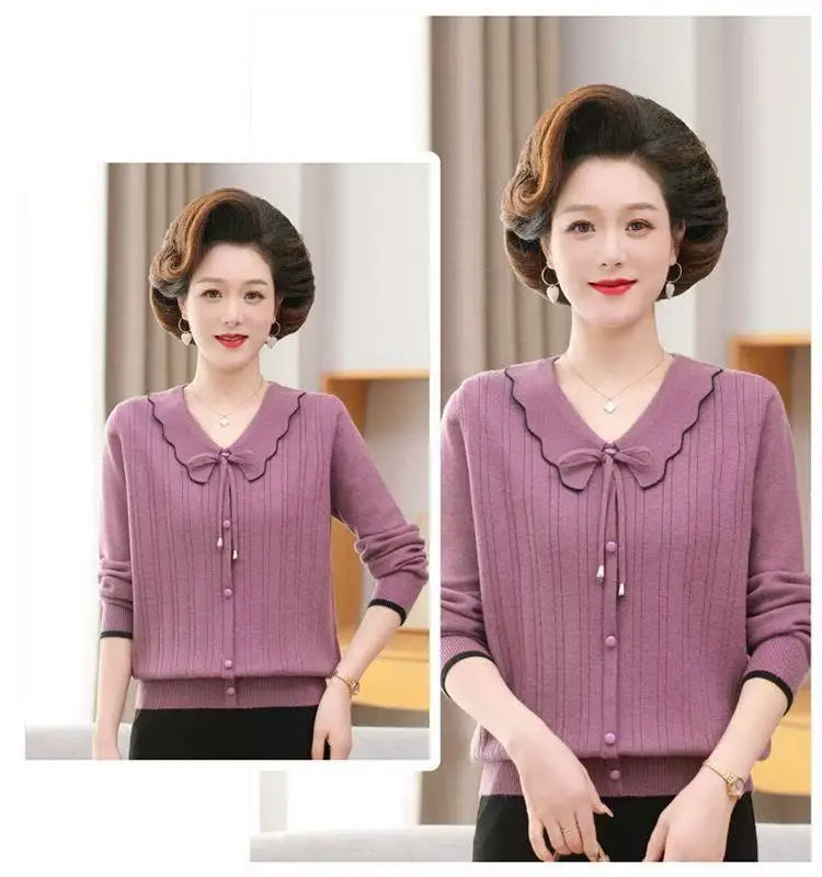 Pulls Femmes New Lapel Long Sleeve Shirt Spring Autumn Woolen Sweater Women Elegant Mother Knitwear Tops Pullover Jumper