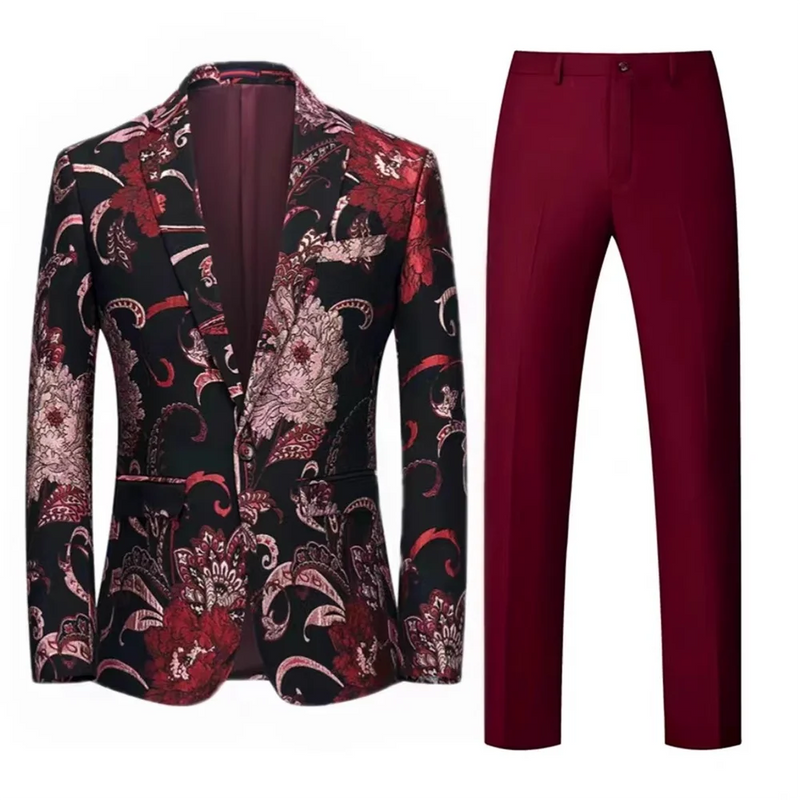 2026 Men's Blue Embroidered Two-Piece, Red Slim Fit Suit Jacket and Trousers Red Green Blazers Coat with Pants, Asian Size 6XL